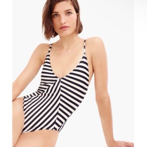 J. Crew Stripe Paneled V-Neck One-Piece Swimsuit Size 6 - Picture 1 of 11